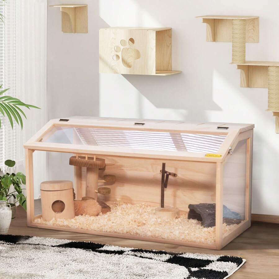Wood Hamster Cage, Large Small Animal Habitat House W/ Openable Top, 4 ...