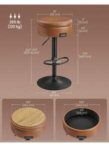 VASAGLE 360° Swivel Bar Stool, Height Adjustable Barstool With Storage, Synthetic Leather With Stitching, Caramel Brown - Brown - View 5