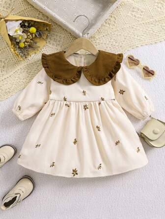 1pc Baby Girl Contrast Color Collar Embroidered Peter Pan Collar Dress, Casual Elegant Princess Style Spring/Autumn Outfit