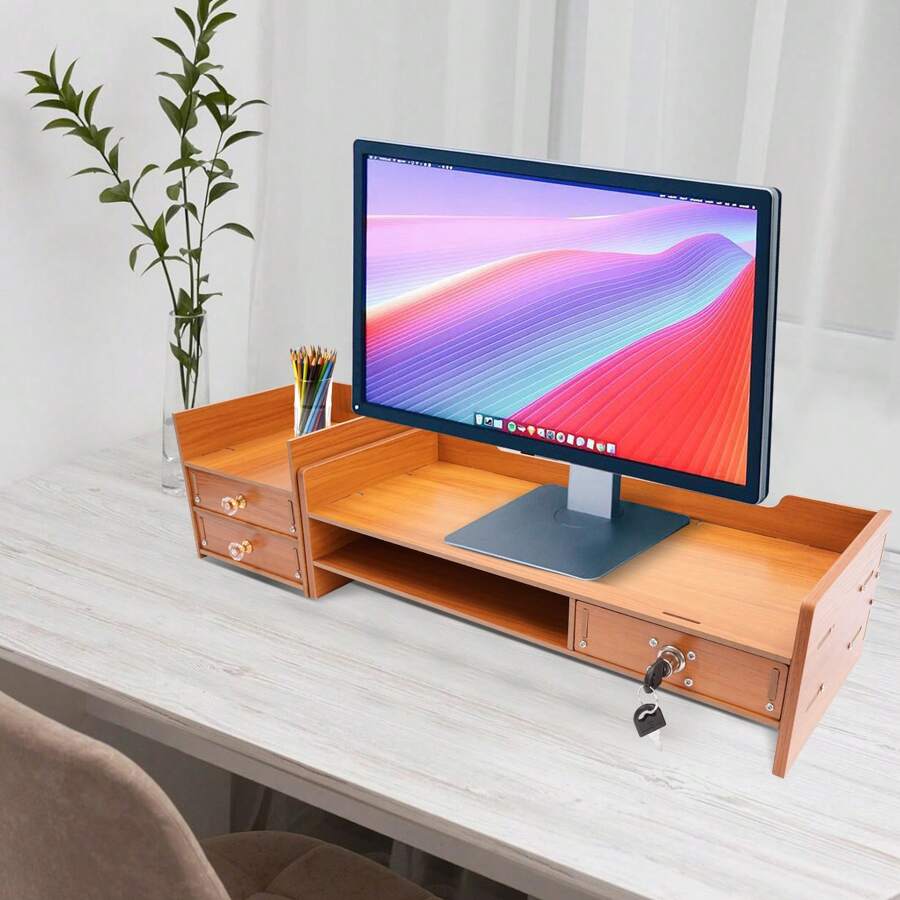 Computer Monitor Stand, Computer Rack With Lockable Drawer, Monitor Stand - Chocolate Brown - View 1