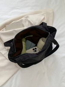 2025 Autumn Corduroy Zipper Tote Bag, Women's Fashion Large Capacity Shoulder Bag, Casual Shopping Bag, Simple Corduroy Handbag, Large Capacity Bag, Women's Solid Color Handbag, Best Gift For Teachers, Ladies, Girlfriends And Family, Backpack, Large Capacity, Portable, Suitable For Teenage Girls, Women, College Students, Also Suitable For Office, University, Elementary School Use - Black - View 9