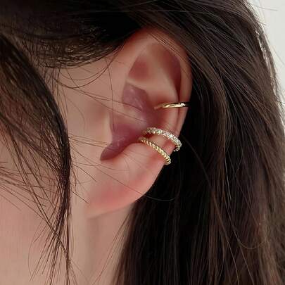 1 套 3 件简约复古 C 形水钻夹式耳环，适合女性日常、节日和宴会