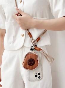 3pcs Set - Korean Style Cartoon Brown Phone Case With Detachable Shoulder Strap, Short Braided Belt, Smiling Face Coin Purse With Earphone Bag, Key Ring, Wrist Strap, Mini Storage Pouch, Couple/Best Friends Gift Gifts For Mother, Family, Friends, Birthday, Holiday Phone Charm, Phone Chain - Brown Bag + Long Rope + Short Rope - View 2