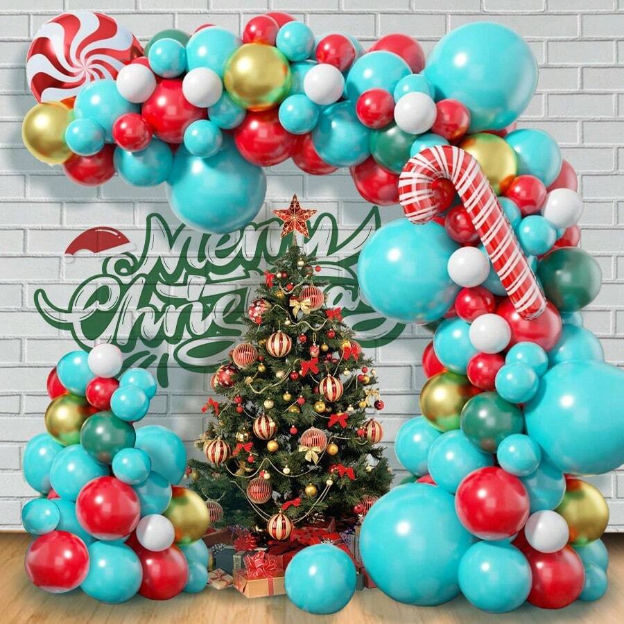 90 件/套圣诞气球花环拱门套件，蓝色和绿色圣诞气球配糖果棒铝箔气球，圣诞派对装饰生日平安夜家居装饰用品 - 彩色 - 查看 1