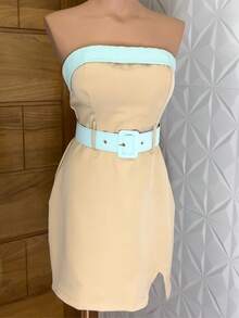 Short Strapless Two-Tone Dress Feminine Blogger Summer - NƯỚC XANH - Xem 2