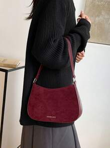 1 件女式纯色 PU 单肩包，腋下包，适合上班通勤，多功能，可调节肩带斜挎包 - 酒紅色 - 查看 4