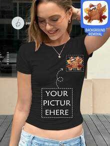 Áo thun nữ ngày lễ Tạ ơn thời trang tùy chỉnh (có thể in logo tùy chỉnh) - Thêm thiết kế/ảnh của riêng bạn để tạo áo phông họa tiết Lễ Tạ ơn cá nhân hóa của bạn - màu đen - Xem 1