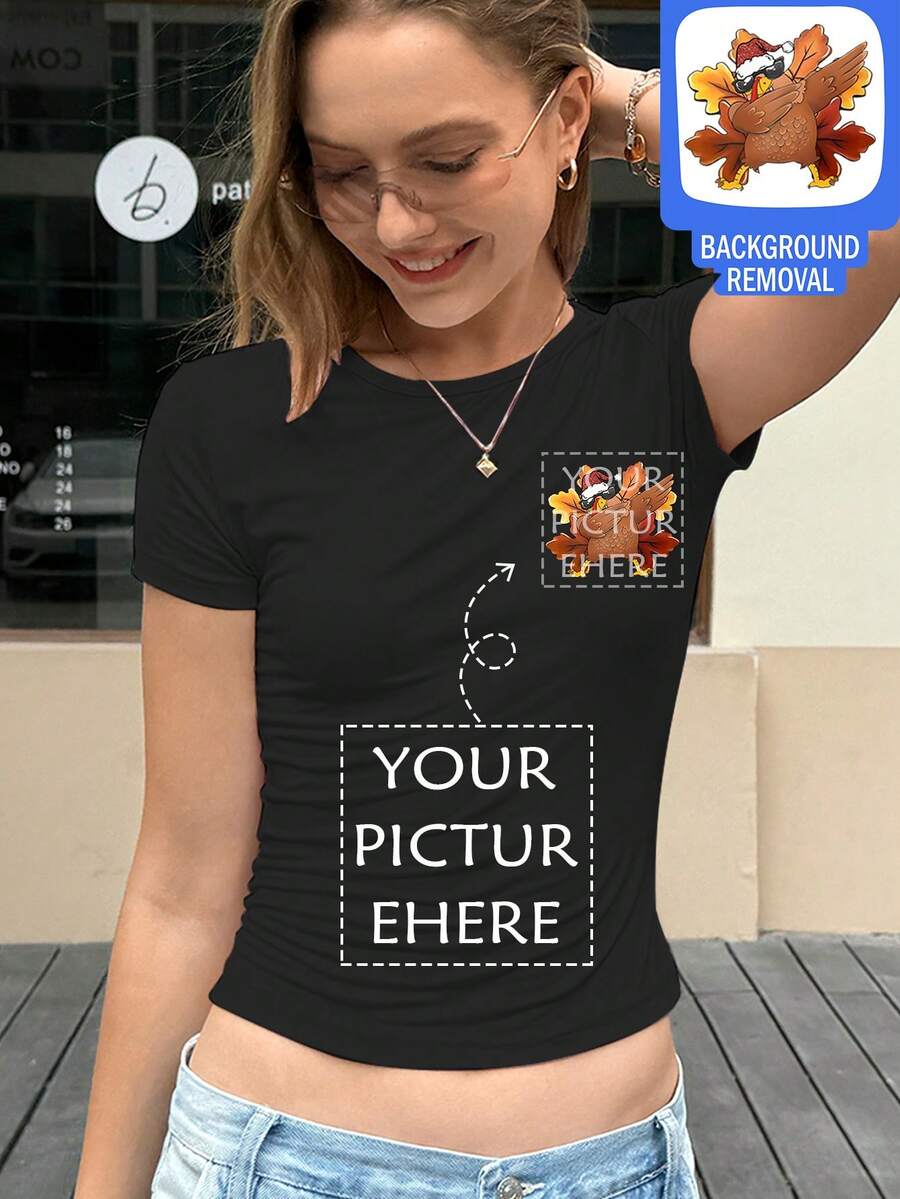 Áo thun nữ ngày lễ Tạ ơn thời trang tùy chỉnh (có thể in logo tùy chỉnh) - Thêm thiết kế/ảnh của riêng bạn để tạo áo phông họa tiết Lễ Tạ ơn cá nhân hóa của bạn - màu đen - Xem 1