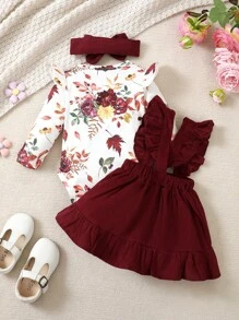 BrownBark 3pcs Baby Girl Elegant Cute Ditsy Floral Long Sleeve Top, Solid Color Pinafore Dress, Headband Set, Comfortable For Spring/Autumn, Casual, School, Outdoor, Street Style, Home - Burgundy - View 8