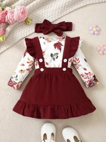 BrownBark 3pcs Baby Girl Elegant Cute Ditsy Floral Long Sleeve Top, Solid Color Pinafore Dress, Headband Set, Comfortable For Spring/Autumn, Casual, School, Outdoor, Street Style, Home - Burgundy - View 9