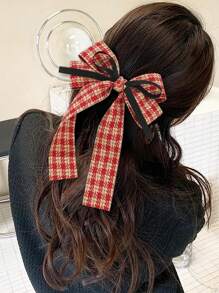 1 件秋冬千鸟格蝴蝶结发夹，带飘带和棋盘格发夹 - 彩色 - 查看 11