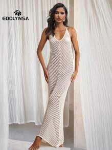 Vestido largo de verano sexy de ganchillo sin espalda para mujer, diseño calado blanco para vacaciones