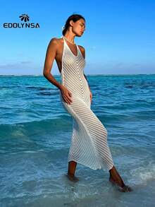 Vestido largo de verano sexy de ganchillo sin espalda para mujer, diseño calado blanco para vacaciones