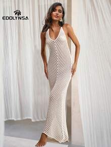 Vestido largo de verano sexy de ganchillo sin espalda para mujer, diseño calado blanco para vacaciones