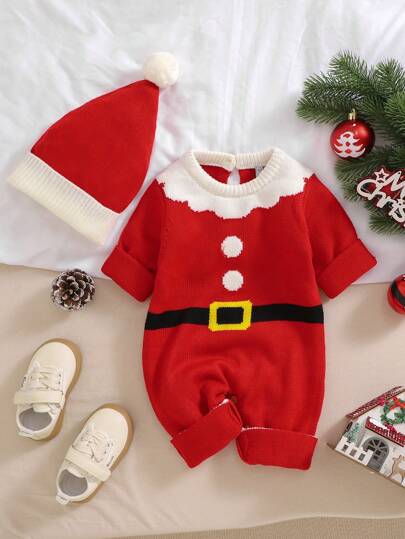 2 pezzi/set Body natalizio da bimba e cappello da Babbo Natale a maglia, tuta comoda e morbida, adatta per autunno/inverno