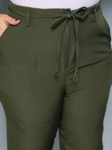 Plus Size Fashion Long Trousers With Belt And Pockets - xanh quân đội - Xem 7