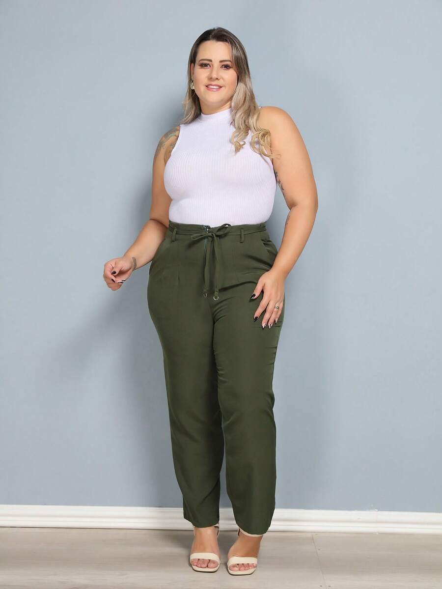 Plus Size Fashion Long Trousers With Belt And Pockets - xanh quân đội - Xem 1
