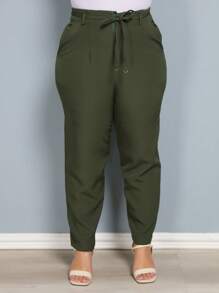 Plus Size Fashion Long Trousers With Belt And Pockets - xanh quân đội - Xem 2