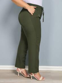 Plus Size Fashion Long Trousers With Belt And Pockets - xanh quân đội - Xem 3