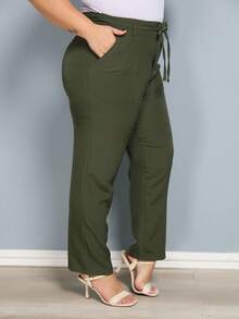 Plus Size Fashion Long Trousers With Belt And Pockets - xanh quân đội - Xem 6