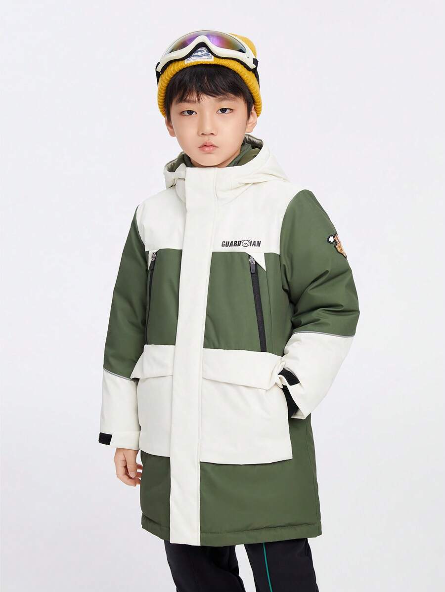 Annil Tween Boys Clothing. Long Down Jacket With Bear Embroidery Patch. Warm, Wear - Resistant, Comfortable, Skin - Friendly And Soft. For Tween Boys In Winter. Color - Blocked Sporty Style, Anti - Static, Windproof, Simple Hooded - Padded Jacket Outerwear. - Green - View 1