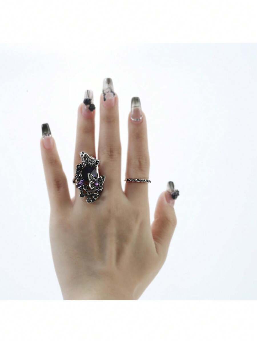 复古水晶蝴蝶戒指女士时尚配饰 - 彩色 - 查看 1