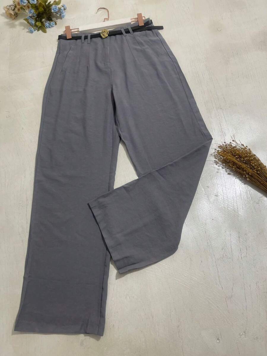 FANNY MODAS Women's High-Waisted Palazzo Pants With Belt In Marrante Fabric - Gris Oscuro - Ver 1