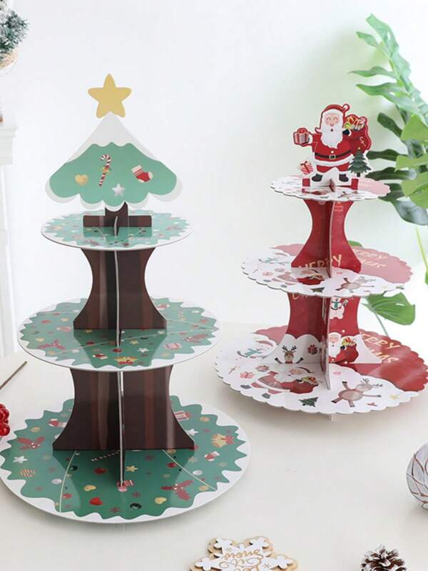 1PC Christmas Decoration Christmas Tree Disposable Cake Stand Dessert Stand Display Stand Three Layer Paper Ornament Display Stand, Merry Christmas