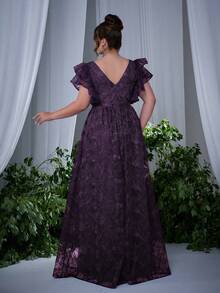 (Not Localized) V-Neck Embroidered Lace Ruffle Sleeve Front Slit Luxury Evening Dress - Purple - View 4