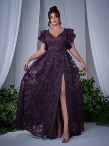 (Not Localized) V-Neck Embroidered Lace Ruffle Sleeve Front Slit Luxury Evening Dress - Purple - View 1
