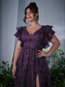 (Not Localized) V-Neck Embroidered Lace Ruffle Sleeve Front Slit Luxury Evening Dress - Purple - View 6