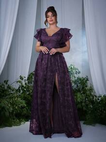 (Not Localized) V-Neck Embroidered Lace Ruffle Sleeve Front Slit Luxury Evening Dress - Purple - View 5