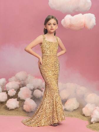 Tween Girl Fantastisk paljettklänning i golvlång klänning för flickor: Ärmlös fyrkantig halsringning, perfekt passform, åtsittande design, glitter och glans för speciella tillfällen (födelsedag/balettkonsert/bröllopsgäst)