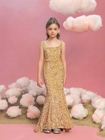 Tween Girl Fantastisk paljettklänning i golvlång klänning för flickor: Ärmlös fyrkantig halsringning, perfekt passform, åtsittande design, glitter och glans för speciella tillfällen (födelsedag/balettkonsert/bröllopsgäst)