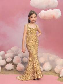 Tween Girl Square Neck Sleeveless Sequin Mermaid Formal Dress