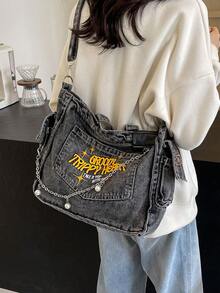 2024年新款时尚经典百搭休闲字母图案装饰设计大容量单肩包金属链条装饰设计手提包适合校园用。 - 黑色 - 查看 5