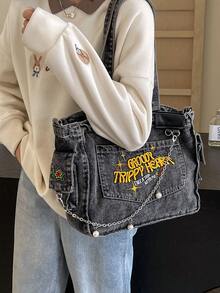 2024年新款时尚经典百搭休闲字母图案装饰设计大容量单肩包金属链条装饰设计手提包适合校园用。 - 黑色 - 查看 4