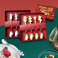 4 件圣诞不锈钢迷你勺子套装 - 圣诞主题勺子，适用于咖啡、纸杯蛋糕和甜点，配有精美礼品盒，非常适合圣诞节 - 金色 - 查看 7