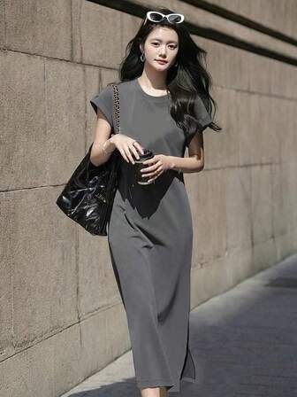 女士百搭新款蝴蝶袖宽松圆领纯色中长款 T 恤连衣裙