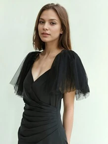 1 Pair Short Simple Wedding Shawl Puffy Net Shawl Lace Trim Decor, Suitable For Wedding Party Spaghetti Strap Dress