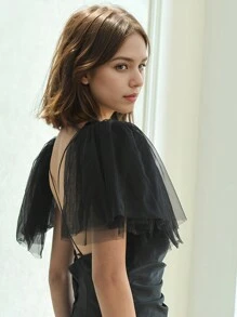 1 Pair Short Simple Wedding Shawl Puffy Net Shawl Lace Trim Decor, Suitable For Wedding Party Spaghetti Strap Dress