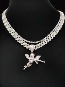 1 件时尚创意男女通用嘻哈天使吊坠项链，适合派对或日常佩戴，2 种链条款式可选 - 銀色 - 查看 7