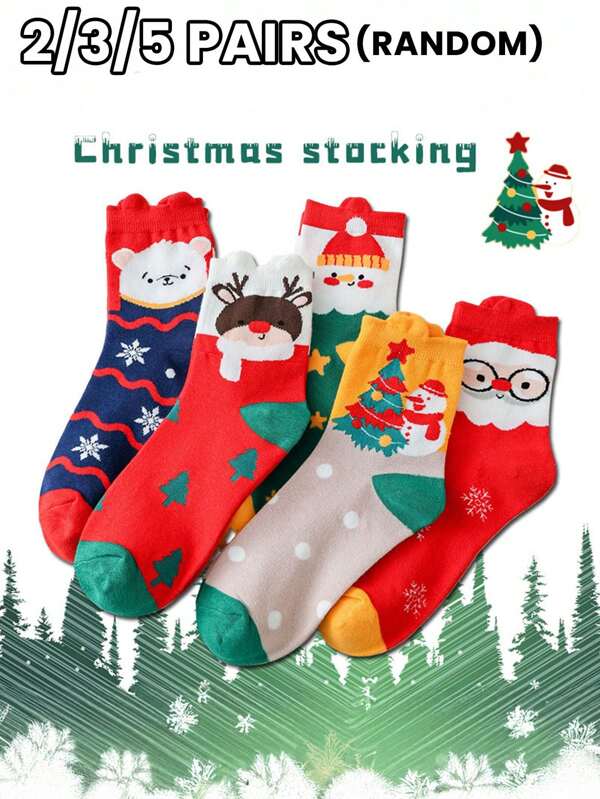 2/3/5 pares de meias masculinas e femininas casais multicoloridas aleatórias quatro estações natal fofo desenho animado árvore de natal boneco de neve alce moda esportiva diária casual meia média
