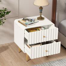 Modern Nightstand Set Of 2 With 2 Drawers & Gold Metal Handle, Fluted Bed Side Table, White Wood End Table With Storage For Bedroom, Living Room - 白色 - 查看 4