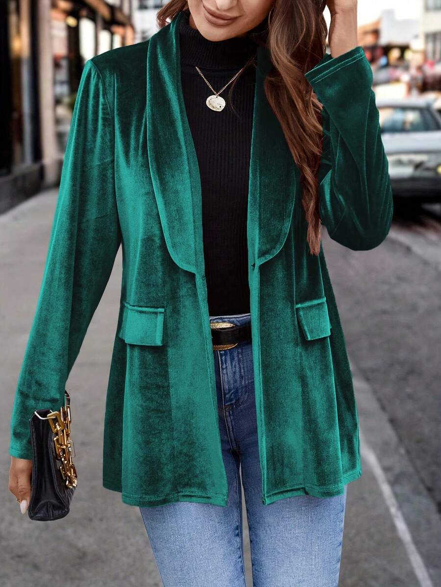Women's New Fashionable Single-Button Long Sleeve Commuter Elegant Blazer, Velvet Fabric Suitable For Christmas, New Year Party, Colleague Gathering - Green - View 1