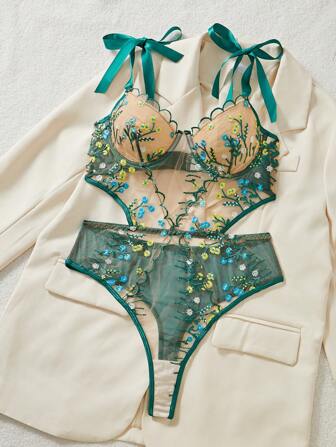 Women's Sexy Lingerie Green Mesh Floral Embroidery Bodysuit With Straps, Sheer Intimate Nightwear For Honeymoon, Bedroom, Clubwear
