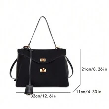 复古绒面革手提包，大容量单肩包，时尚女士手提包 - 黑色 - 查看 6