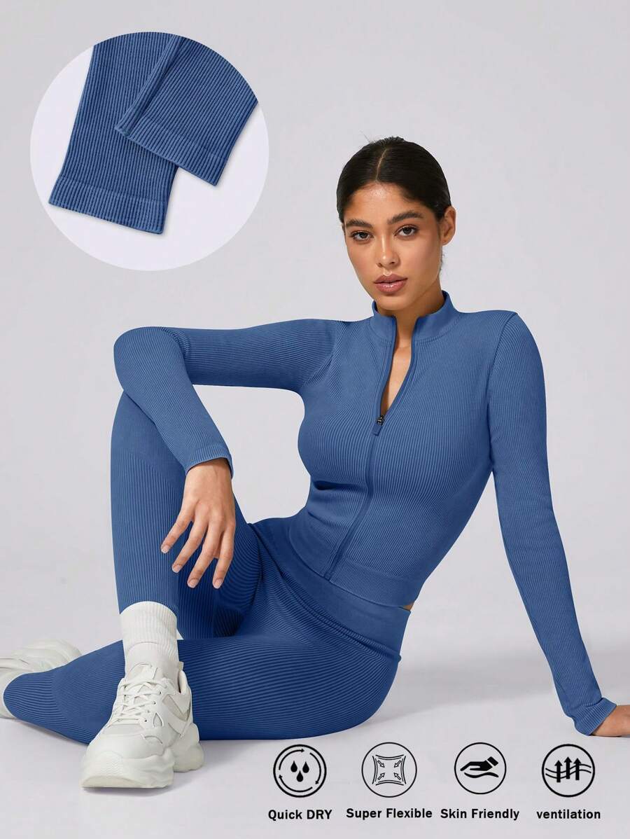 1 Set Women Matte Long Sports Suit, Outdoor Base Layer Zip Jacket, Elastic Butt-Lifting Sports Pants