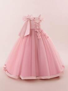 少女仿珍珠贴花蝴蝶结网纱优雅生日派对礼服，适合婚礼、舞会等场合，不含头饰 - 藕粉色 - 查看 4