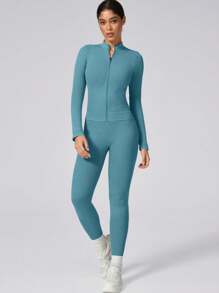 1 Set Women's Matte Sportswear, Ribbed Zip-Up Athletic Jacket And Stretchy Sweatpants - Mint Blue - View 9